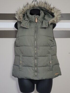 NWOT L.O.G.G. Olive Green Hooded Puffer Vest Jacket Faux-Fur Trim Sz 12-14 Years